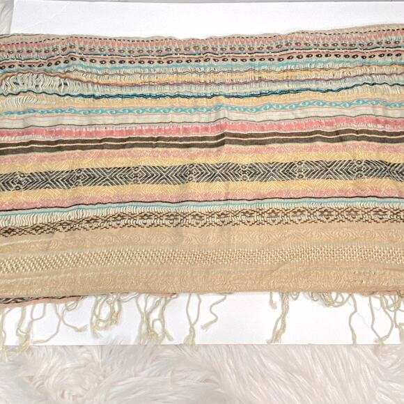 Bohemian Wrap Scarf Woven Striped Fringed Aztec Geometric Beige Blue Pink - Picture 6 of 14